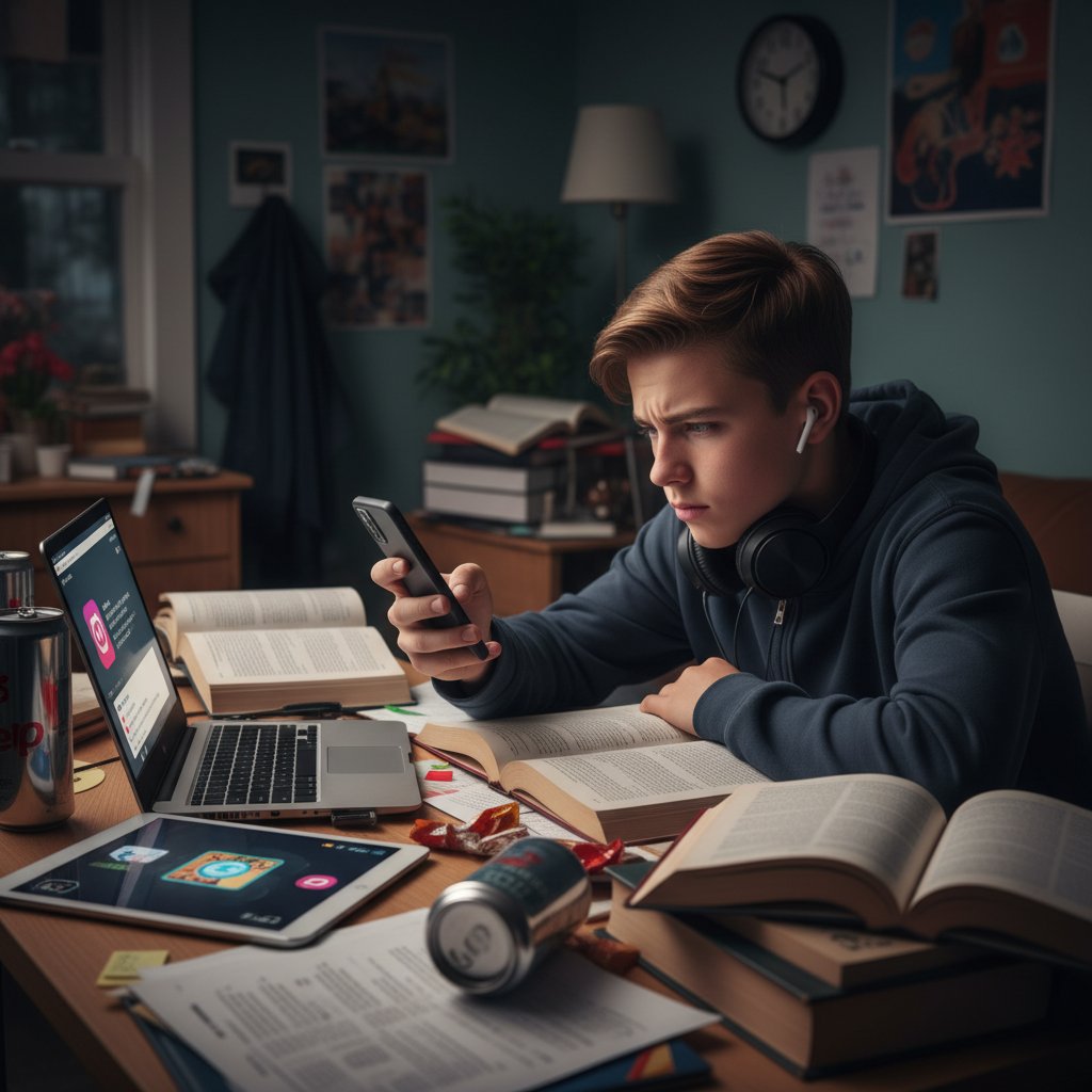 Młody człowiek próbujący się skupić, otoczony telefonem, laptopem i innymi rozpraszaczami