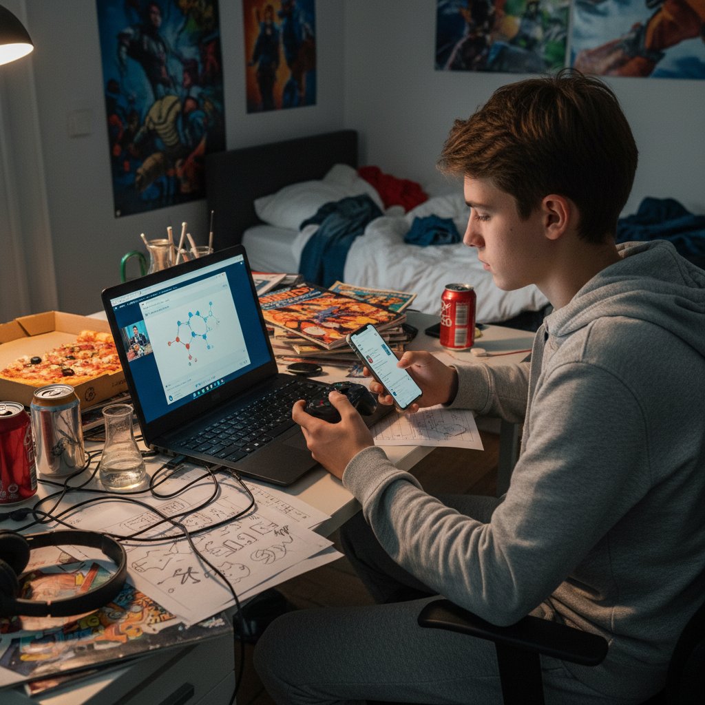 Uczeń walczy z rozpraszaczami podczas nauki chemii online w domu