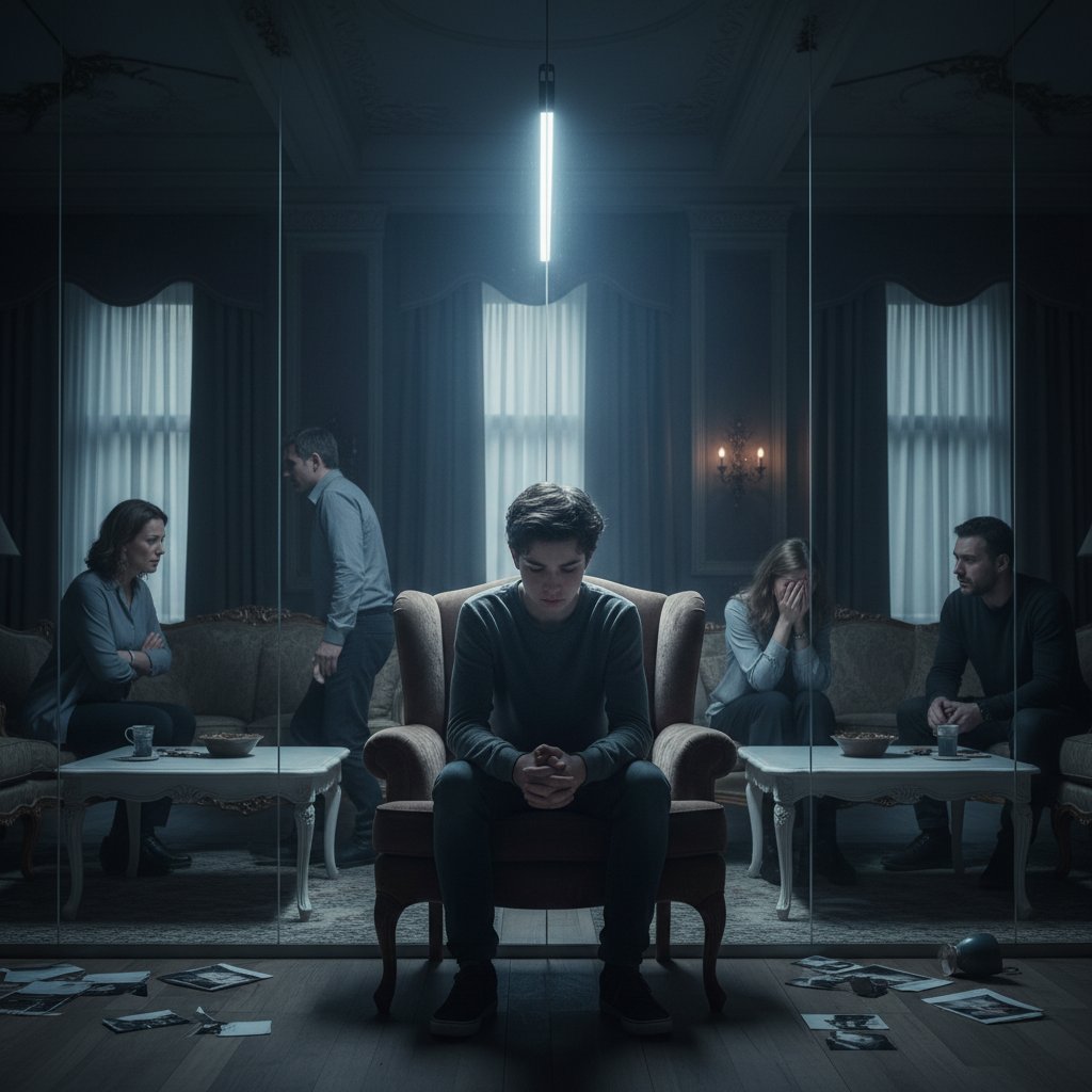 Zdjęcie nastolatka siedzącego pomiędzy dwojgiem rodziców patrzących w różne strony, symbol lojalności i napięcia