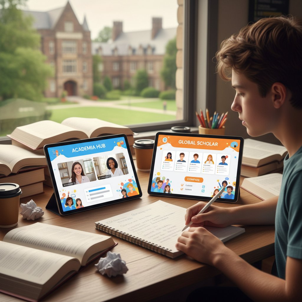 Nastolatek korzystający z platformy coachingowej, obok tradycyjny zeszyt i podręcznik