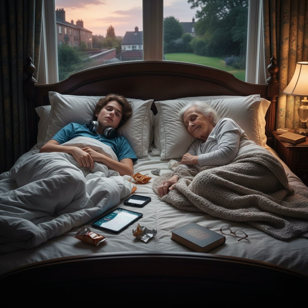 Nastolatek i osoba starsza w jednym kadrze, śpiący w różnych porach dnia, kontrastujące łóżka
