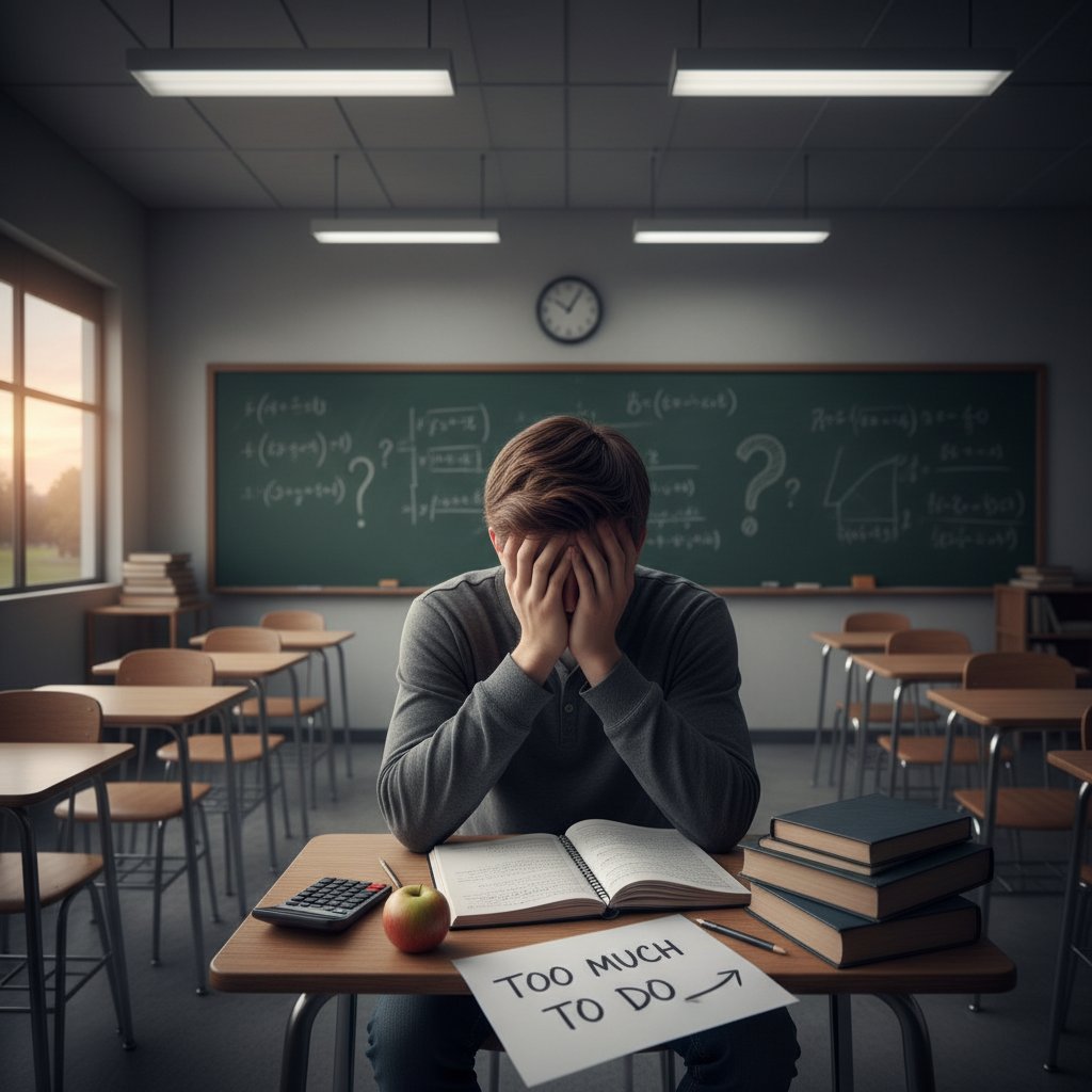 Nastolatek siedzi samotnie w pustej klasie, myśląc o problemach szkolnych