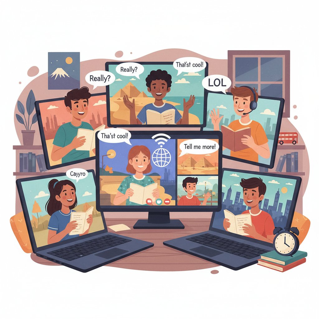 Nastolatek podczas rozmowy po angielsku przez internet z rówieśnikami z różnych krajów