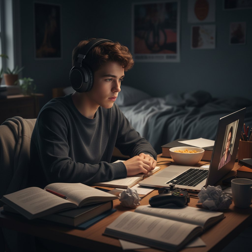 Nastolatek korzystający z terapii online w pokoju, z słuchawkami na uszach i laptopem na biurku