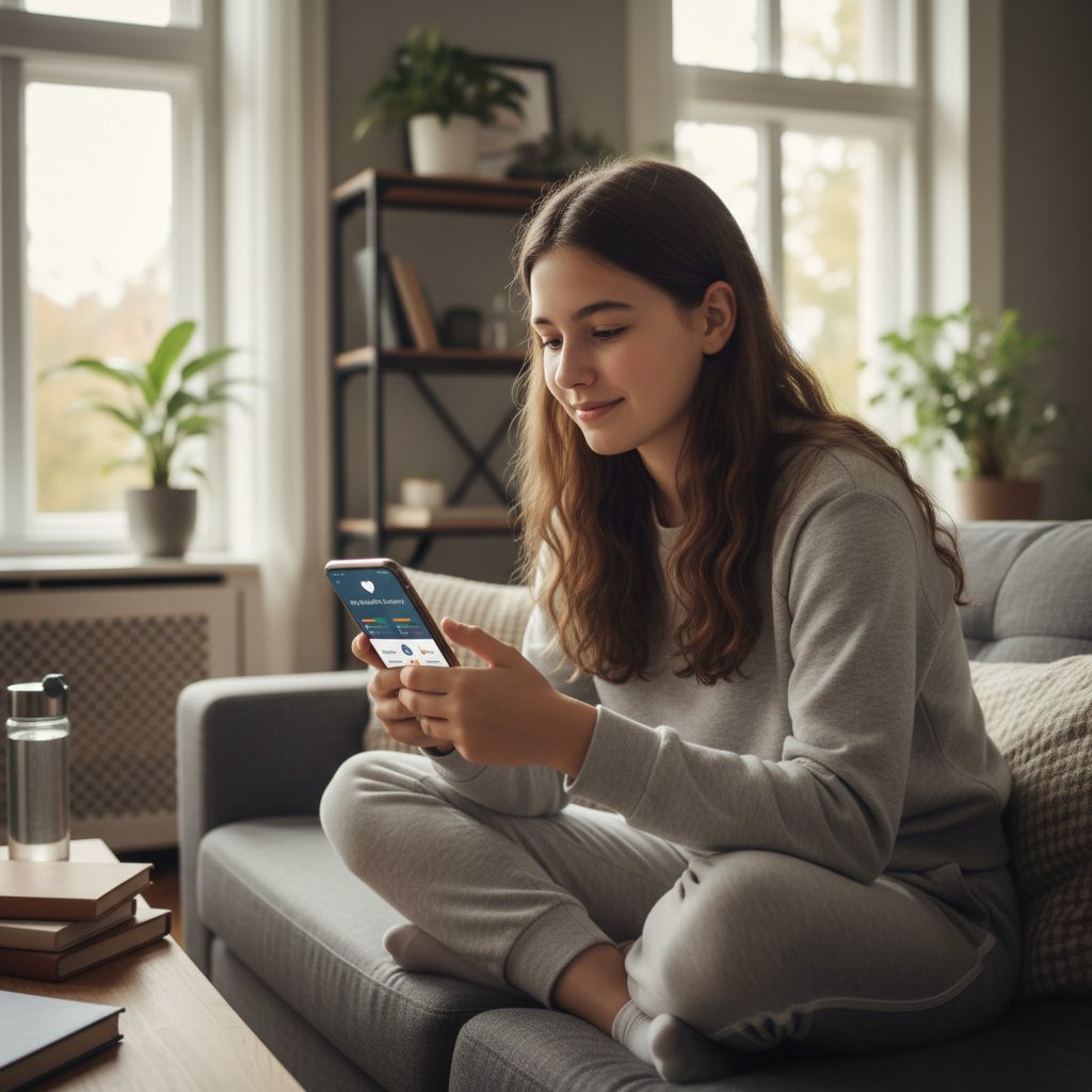 Nastolatek korzystający z aplikacji zdrowotnej w domowym zaciszu, refleksyjna atmosfera