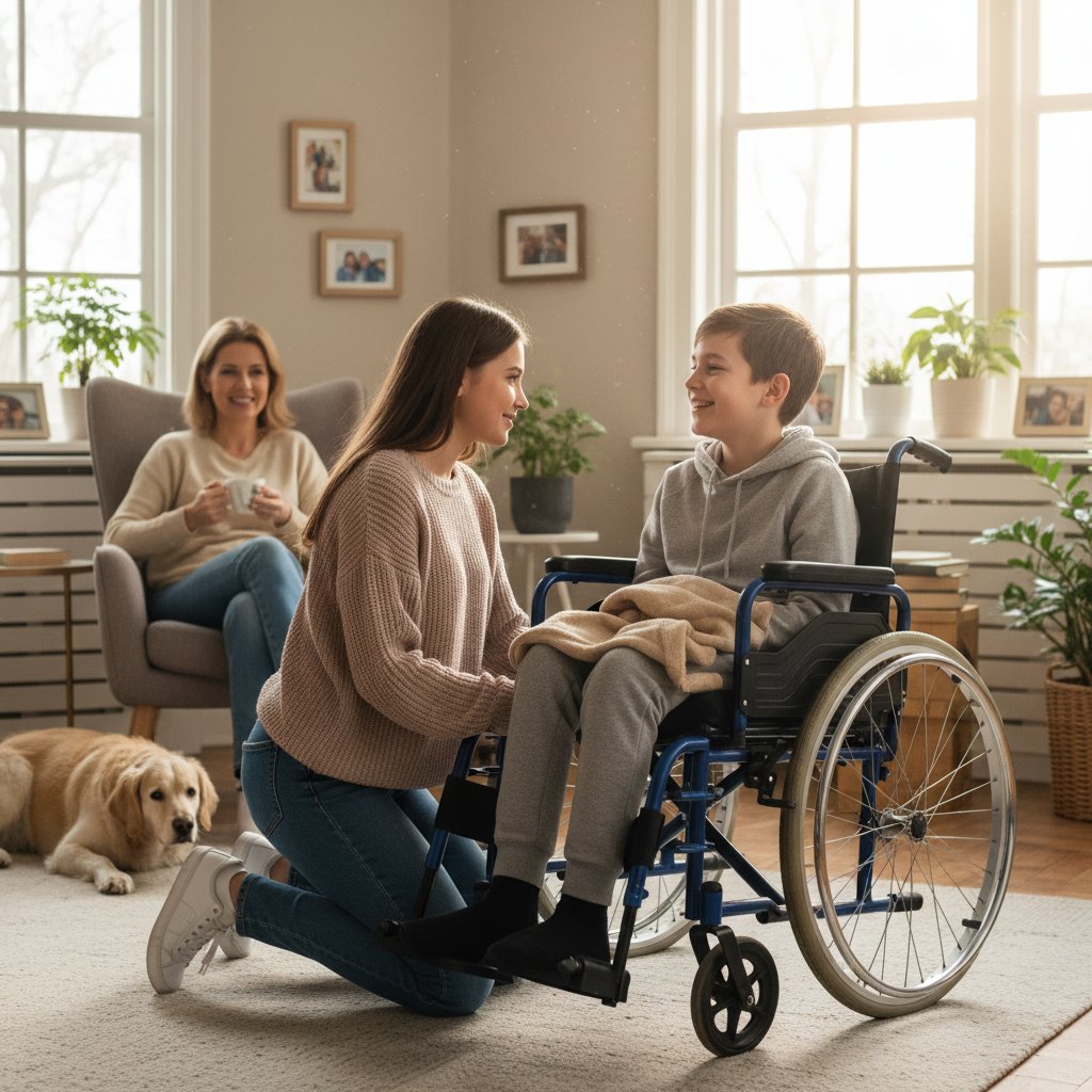 Nastolatek pomaga niepełnosprawnemu bratu w nauce w domu, młodzi opiekunowie