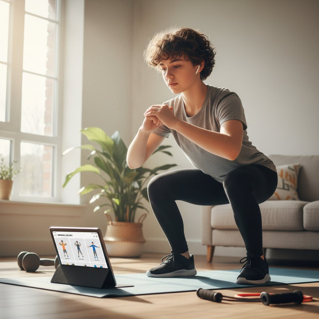 Nastolatek wykonujący ćwiczenia w salonie, naturalne światło, skupienie, mobilny sprzęt