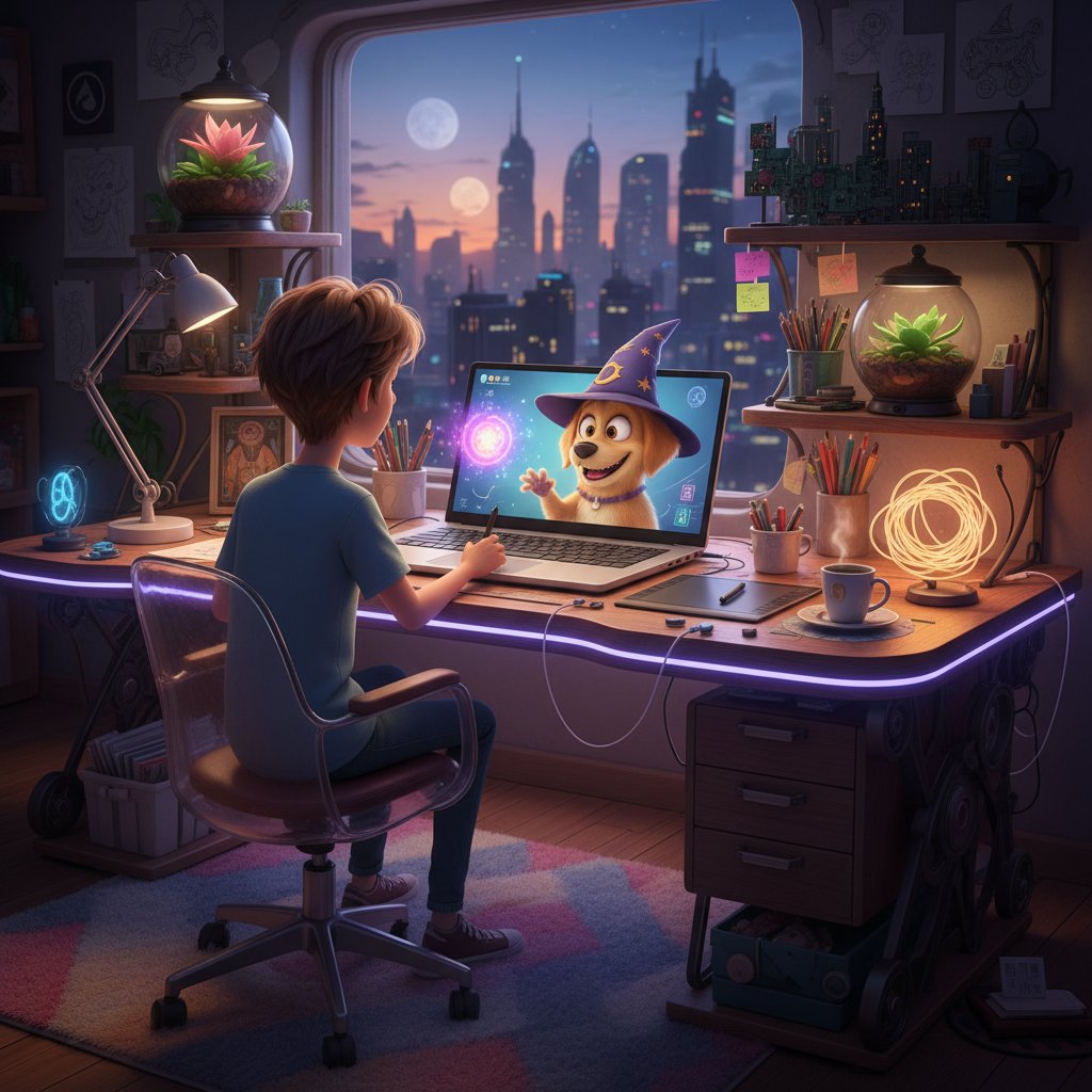 Nastolatek i laptop z animowanym psem na ekranie, wieczór, kreatywny bałagan na biurku