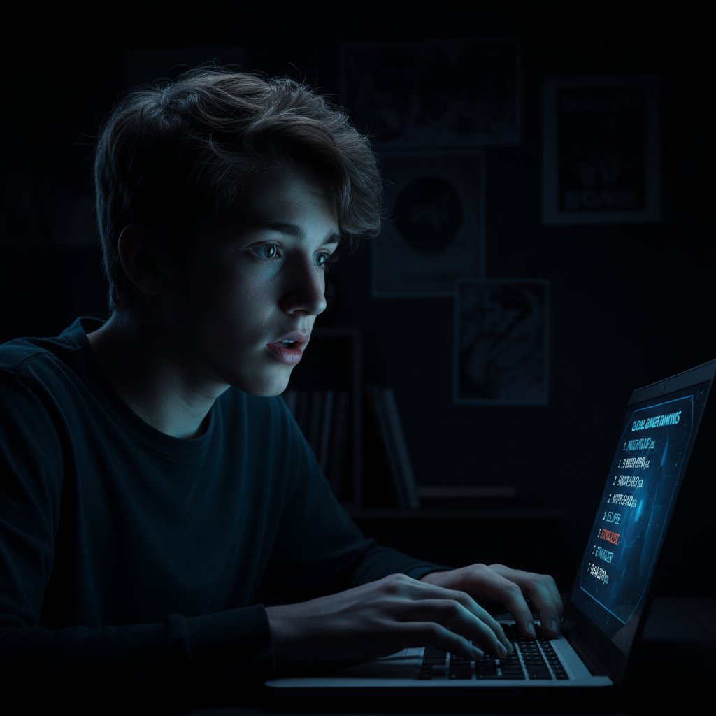 Nastolatek patrzący w ekran laptopa, zafascynowany, w tle ciemne otoczenie i ekran z rankingiem