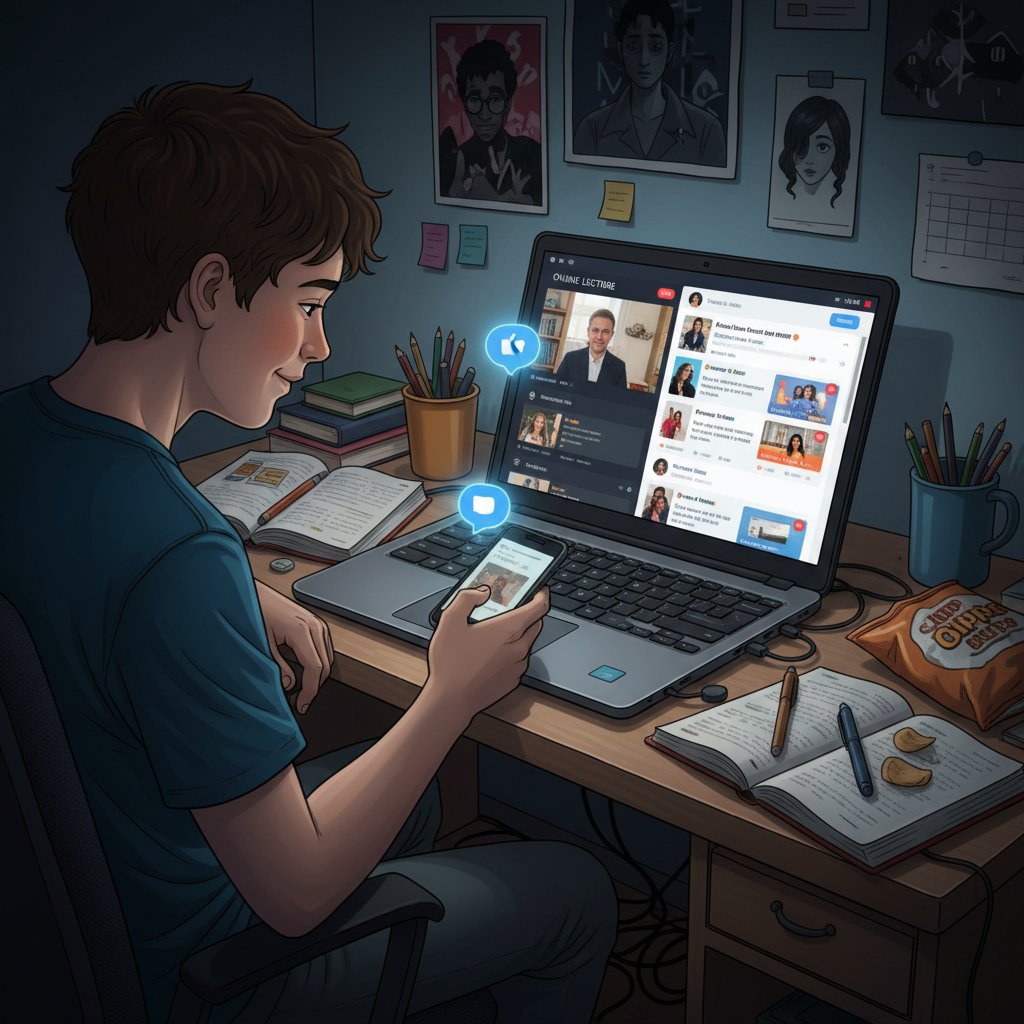 Nastolatek korzystający z laptopa, rozkojarzony powiadomieniami, nauka online i media społecznościowe