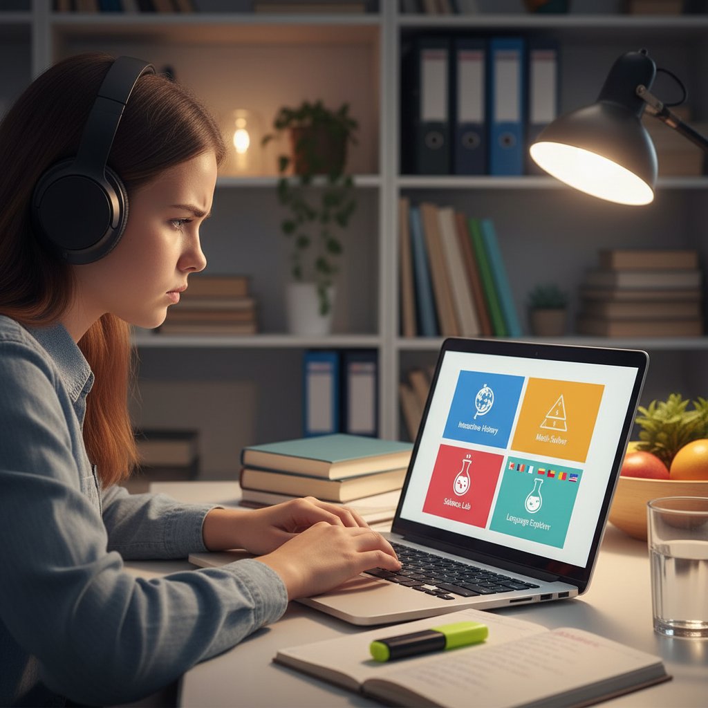 Młody uczeń korzystający z aplikacji edukacyjnych na laptopie, kolorowe ekrany, skupiona twarz