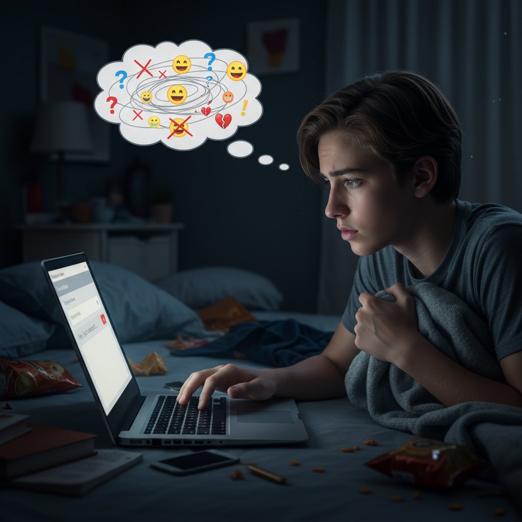 Nastolatek patrzący w ekran i piszący pierwszą wiadomość, napięcie i oczekiwanie