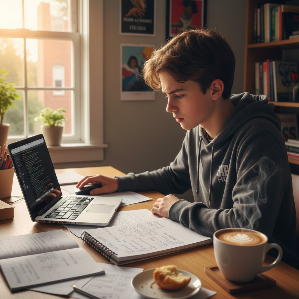 Nastolatek przy laptopie, notatki, poranna kawa, światło dzienne, atmosfera skupienia i rutyny