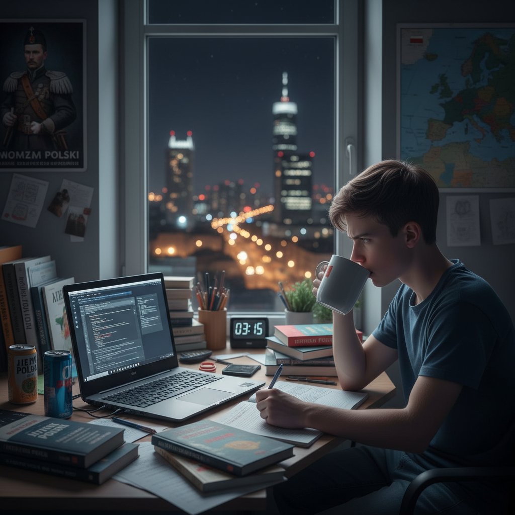 Nastolatek przy laptopie, korepetycje polski online, książki i motywacja