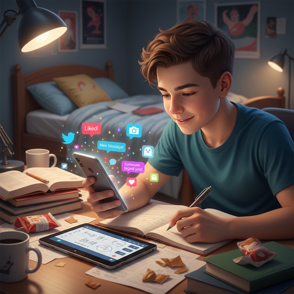 Jugendlicher wird beim Lernen durch Smartphone gestört, Social-Media-Benachrichtigungen sichtbar