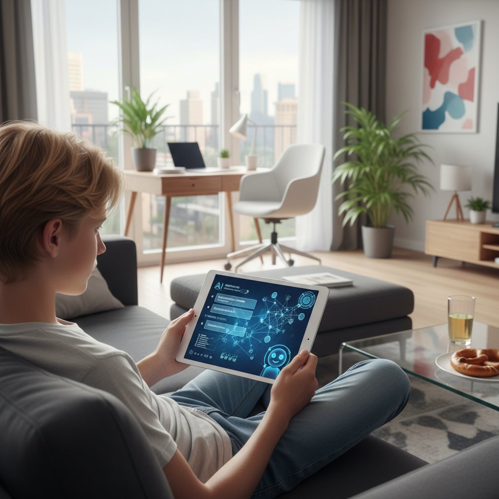 Jugendlicher lernt mit Tablet in moderner Wohnung, Bildschirm zeigt KI-Interface, Fokus auf Mimik