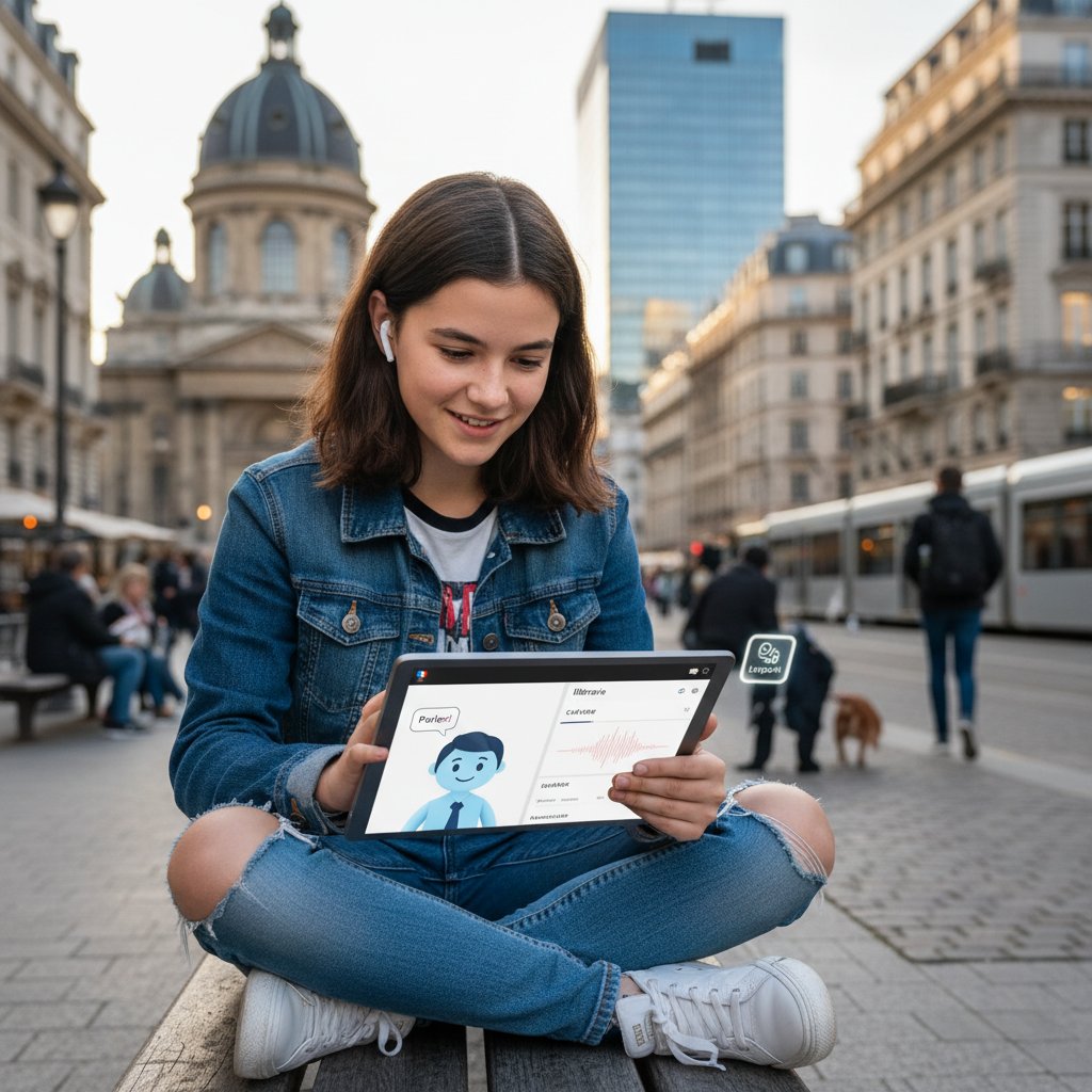 Nowoczesny uczeń technikum korzystający z platformy AI do nauki francuskiego, z ekranem tabletu, w tle elementy miejskiego życia