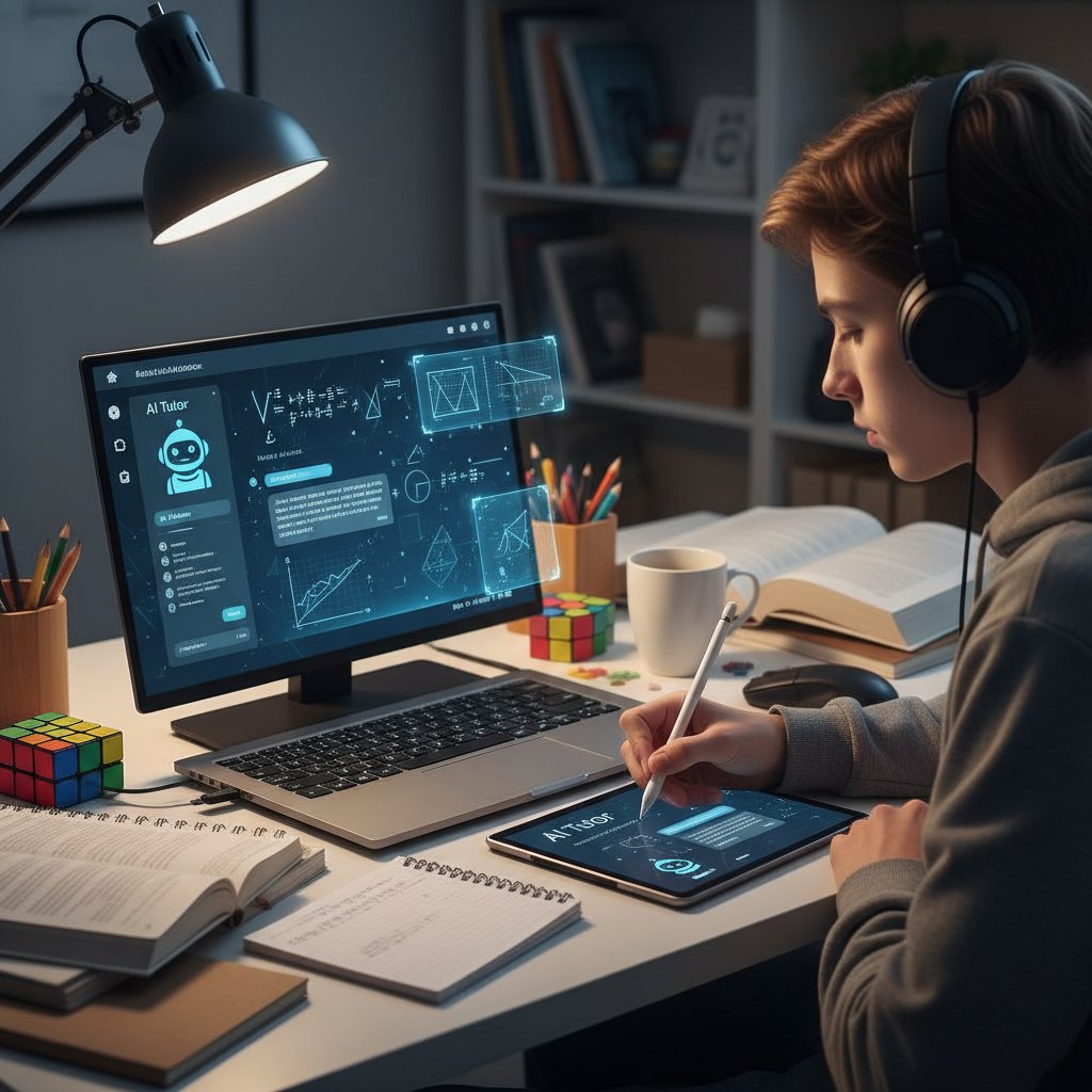 Nastolatek rozwiązujący zadania z matematyki przy komputerze z otwartą aplikacją AI