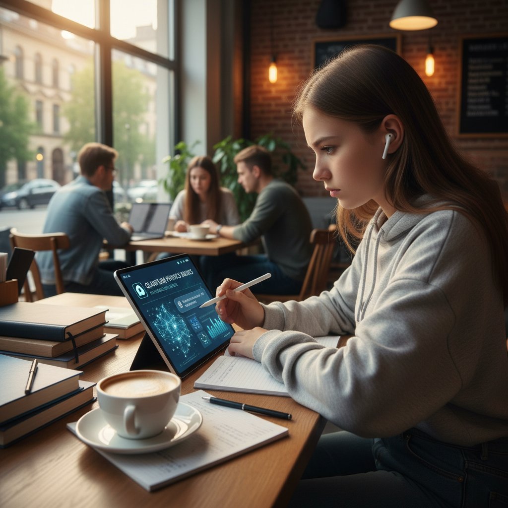 Nastolatek korzystający z aplikacji mobilnej AI podczas nauki w kawiarni