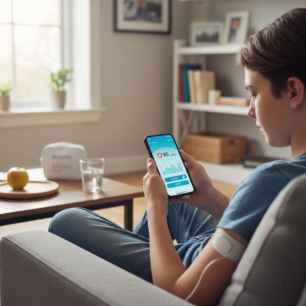 Nastolatek korzystający z aplikacji AI do monitorowania cukru w domu