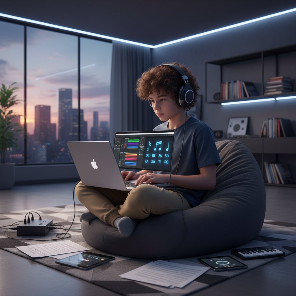 Nastolatek korzystający z kilku aplikacji muzycznych podczas nauki solfeżu