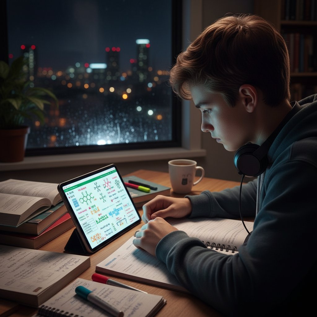 Uczeń nadrabiający chemię nocą z tabletem, notatki i zmęczenie na twarzy