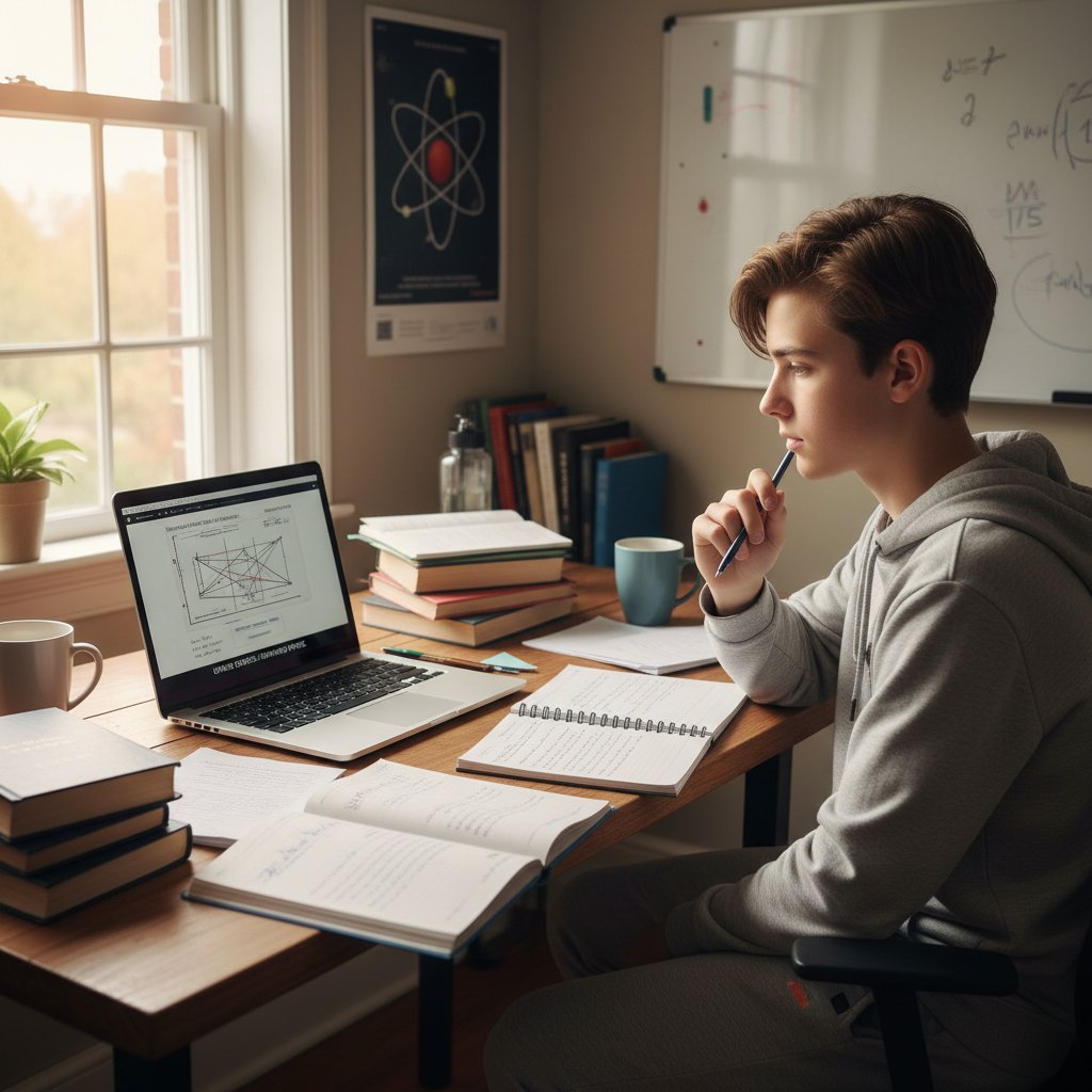 Nastolatek pracuje z notatkami i laptopem, samodzielnie przygotowuje się do lekcji