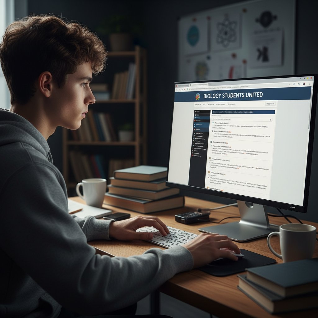 Nastolatek aktywnie uczestniczy w dyskusji online, widoczne forum edukacyjne na ekranie monitora