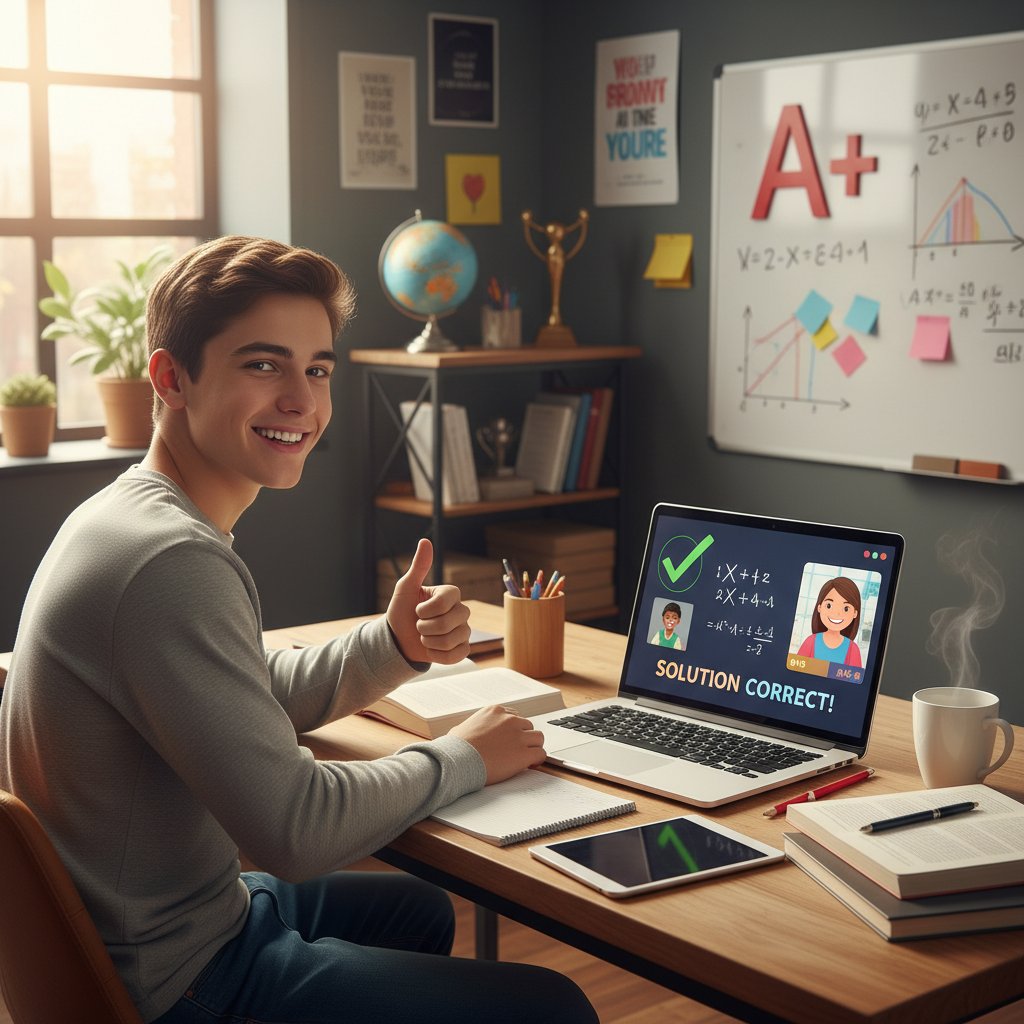 Nastolatek korzystający z platformy edukacyjnej na laptopie, skupiony i zadowolony, nowoczesne otoczenie