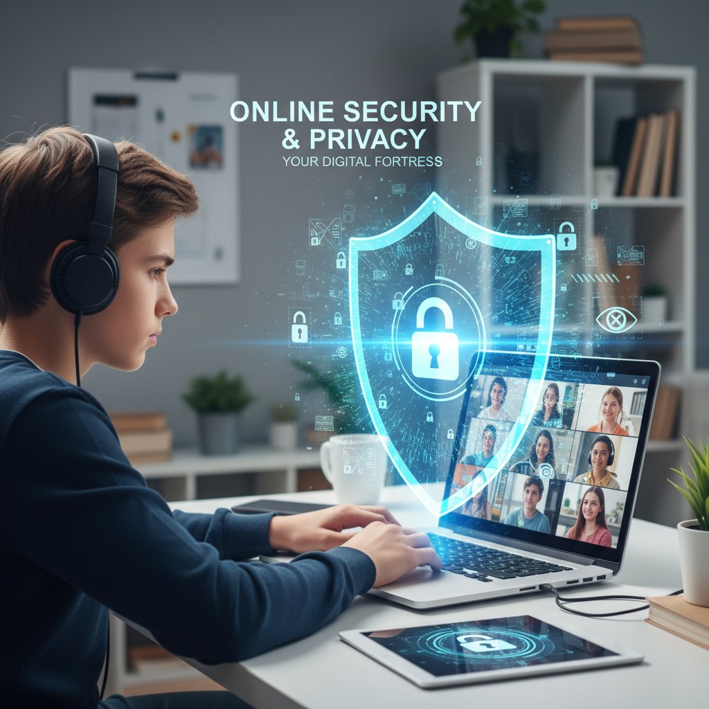 Nastolatek podczas nauki online na tle cyfrowej tarczy, symbole bezpieczeństwa i prywatności