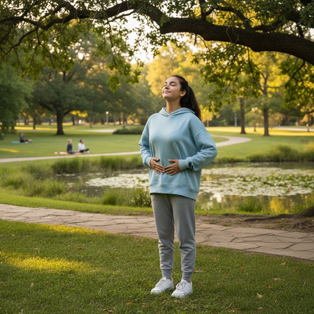 Nastolatek siedzący w parku, oddychający głęboko, zamknięte oczy, spokojna twarz – fotografia relaksacyjna