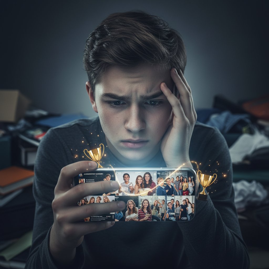 Nastolatka z telefonem w dłoni patrzy na ekran z niepokojem, social media w tle