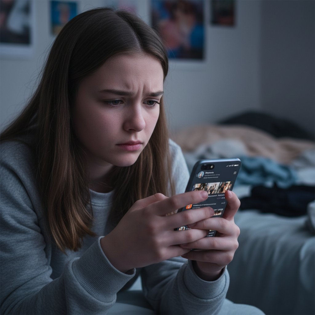 Nastolatek z zaniepokojeniem patrzy na telefon, w tle komputer i media społecznościowe