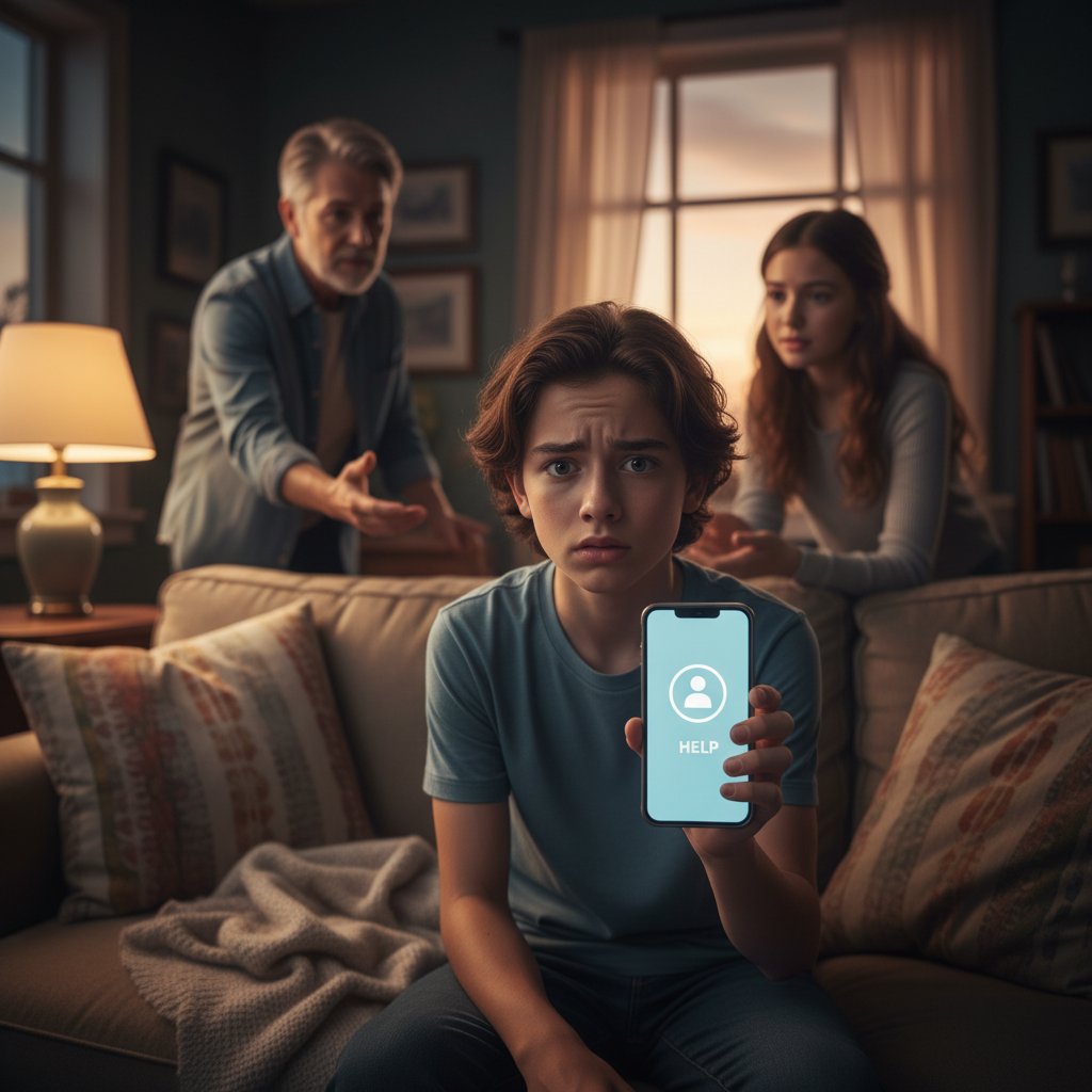 Nastolatek korzystający z telefonu, szuka pomocy, atmosfera wsparcia