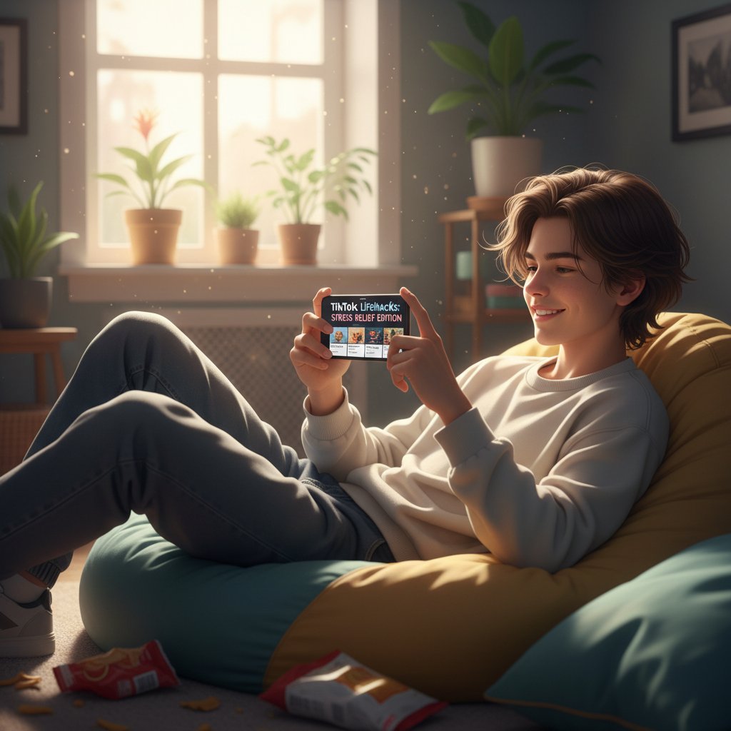 Nastolatek patrzący sceptycznie na ekran telefonu z TikTokowymi poradami na stres