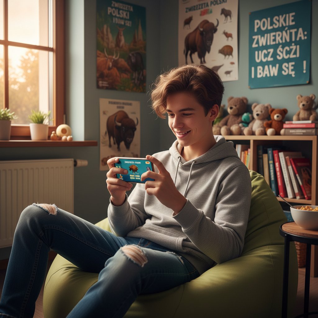 Nastolatka grająca na smartfonie w polską edukacyjną grę o zwierzętach