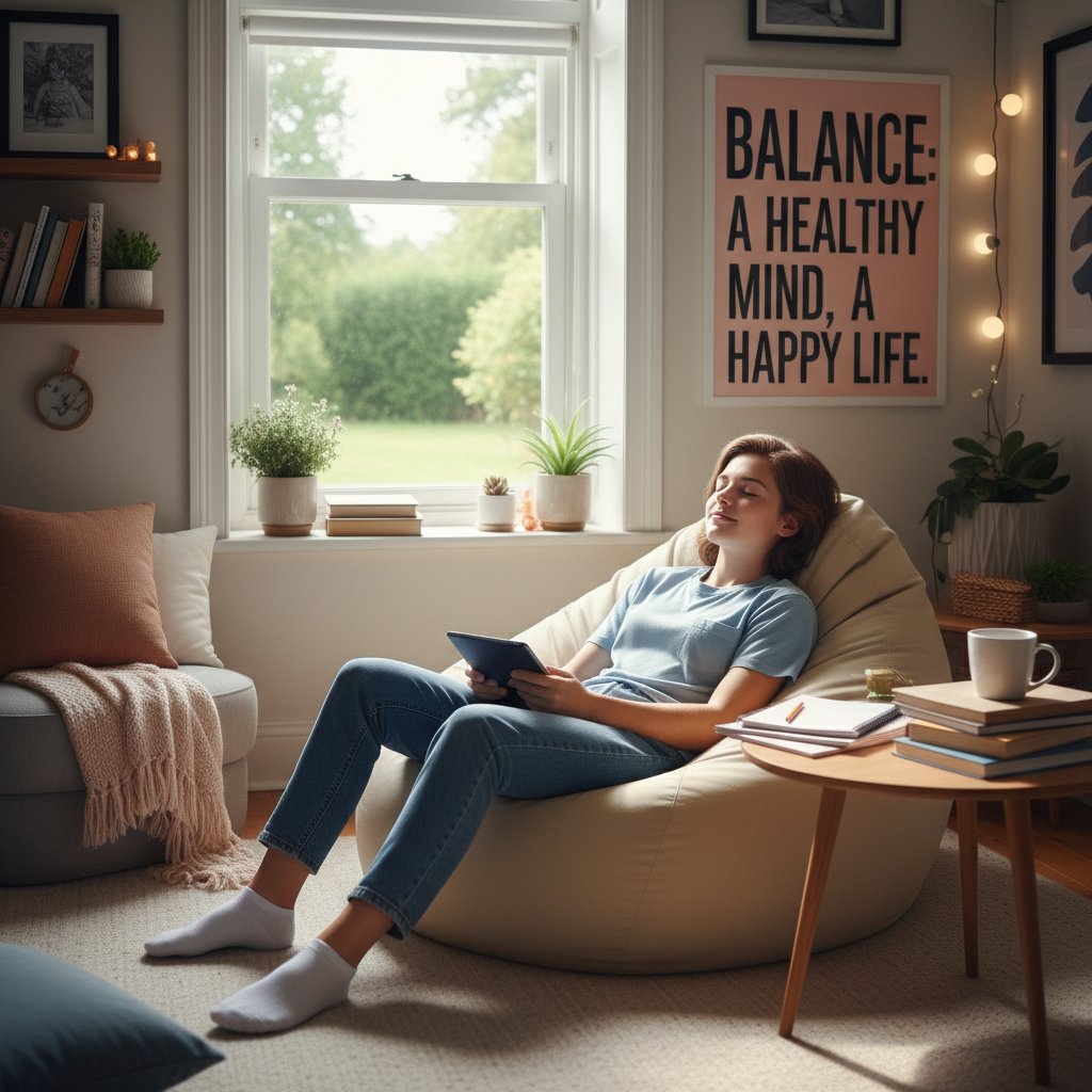 Nastolatka odpoczywająca od nauki, relaks, zdrowie psychiczne, balans między nauką a życiem