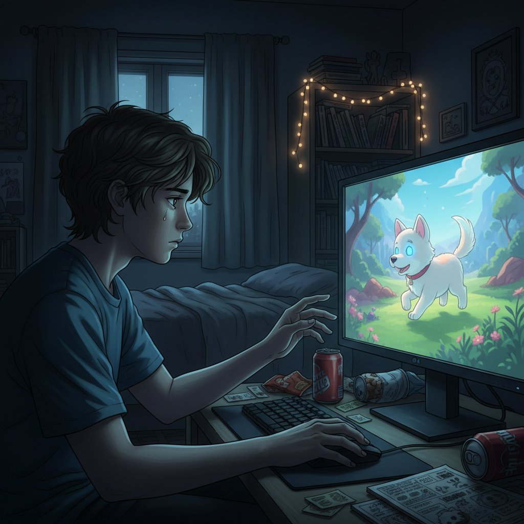 Starszy nastolatek w pokoju, zamyślony, przy komputerze z wirtualnym psem na ekranie, światło ekranowe odbite na twarzy
