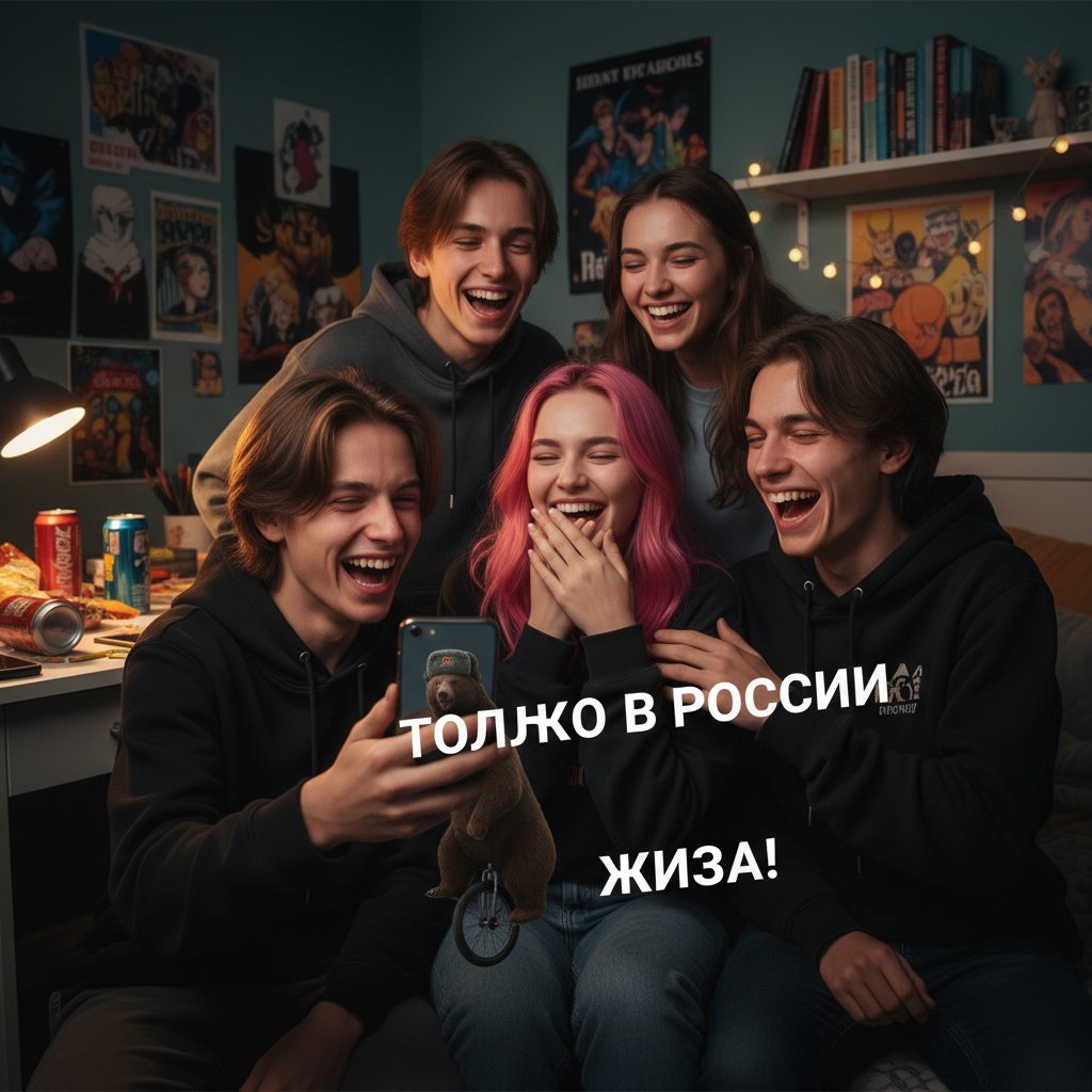 Nastolatek przeglądający rosyjskie memy na smartfonie, śmieje się z kolegami.