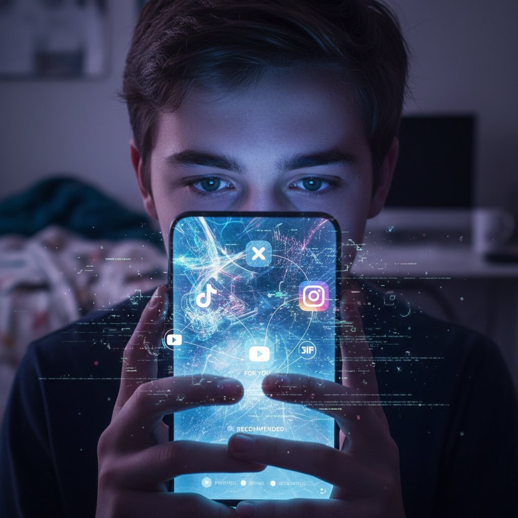 Nastolatek patrzący na ekran, z odbiciem aplikacji społecznościowych w okularach, symbolizującym wpływ algorytmów na zdrowie psychiczne