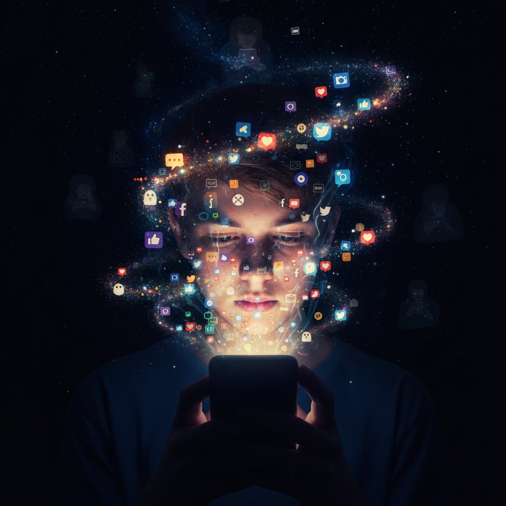 Nastolatek przegląda smartfon nocą, twarz oświetlona ekranem, unoszące się ikony social media, surrealistyczna atmosfera