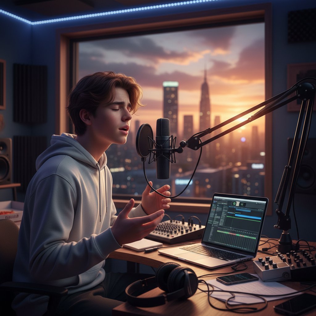 Nastolatka podczas śpiewania w domowym studio, z laptopem i mikrofonem na tle miasta