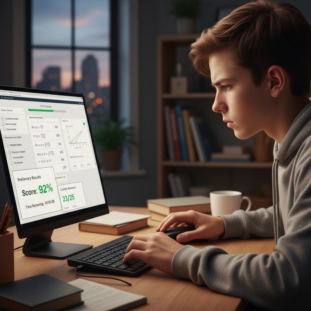 Młody człowiek rozwiązujący test matematyczny online, skupienie, wyniki na ekranie