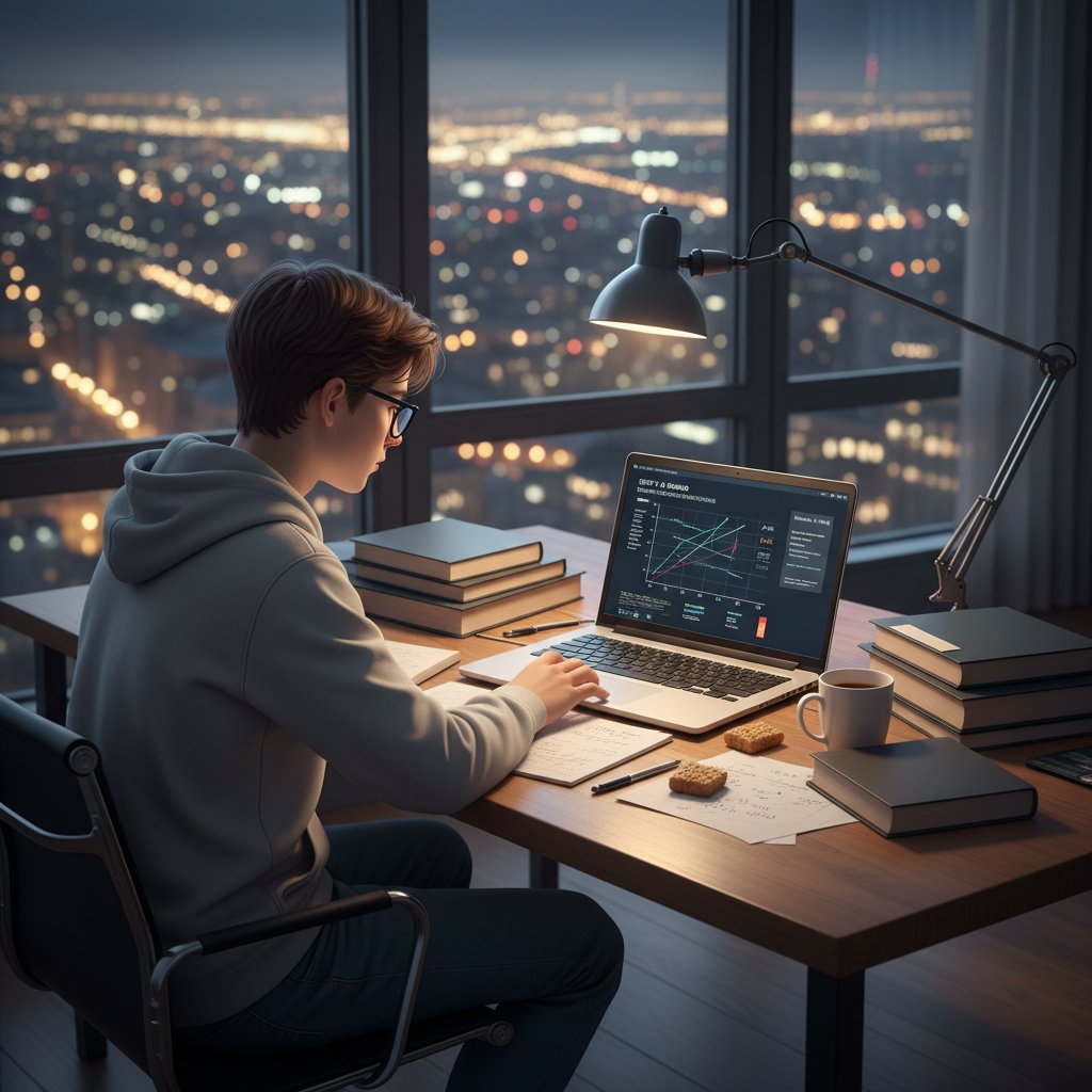 Nastolatek podczas wieczornej nauki ekonomii online, światła miasta za oknem