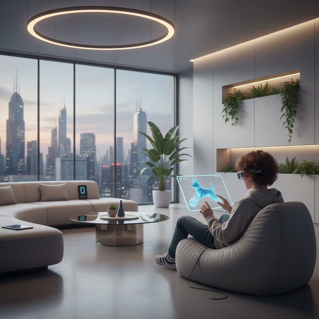 Współczesna nastolatka z tabletem, na ekranie wirtualny piesek, nowoczesny pokój