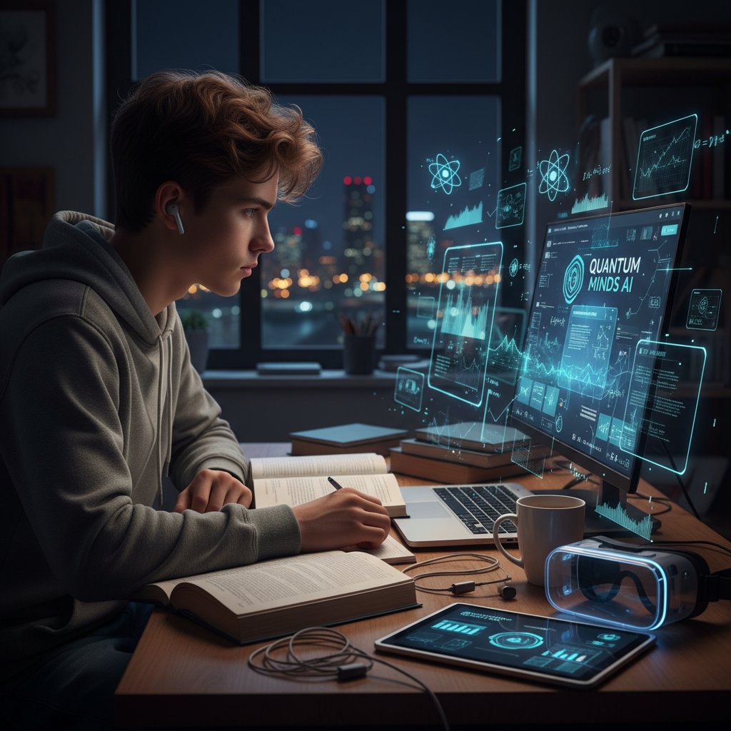 Nastolatek z technikum korzysta z platformy AI do nauki fizyki przy biurku, intensywne skupienie