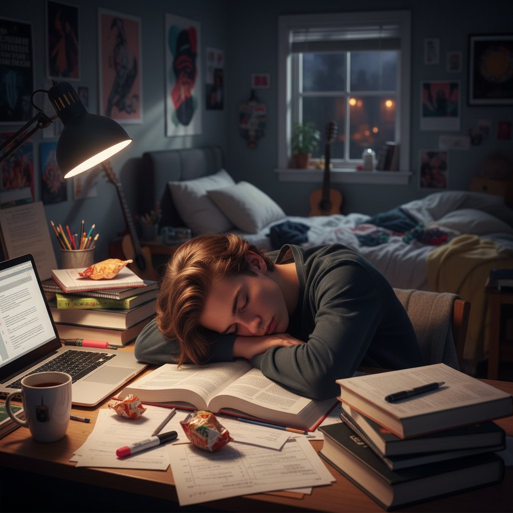 Nastolatek opierający głowę na rękach podczas nauki w domu, wyraźnie znużony