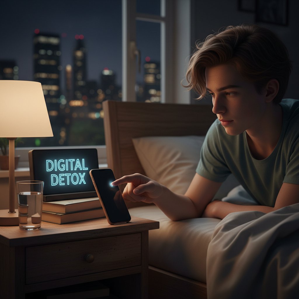 Nastolatek wyłączający smartfona przed snem – symbol cyfrowego detoksu i walki z uzależnieniem od technologii