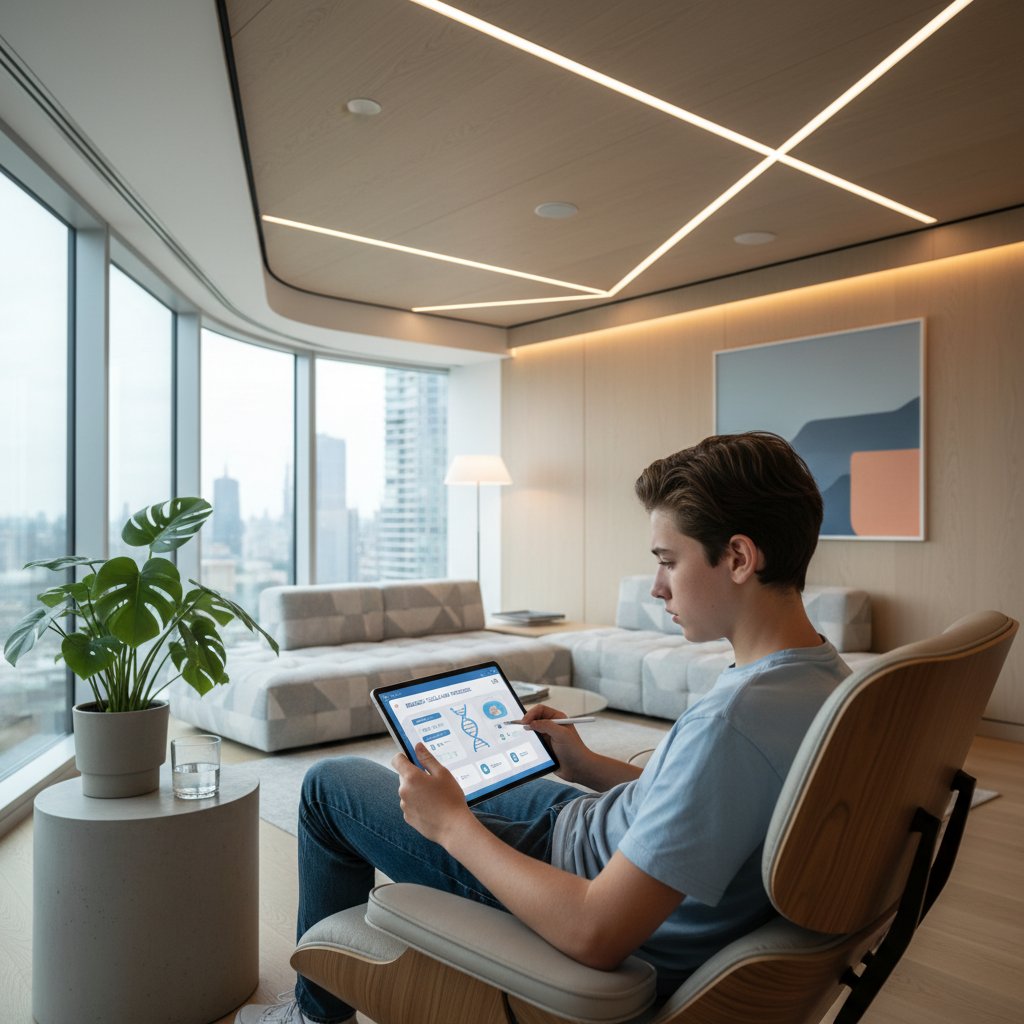 Nastolatek korzystający z platformy edukacyjnej na tablecie, skupiony, w nowoczesnym wnętrzu