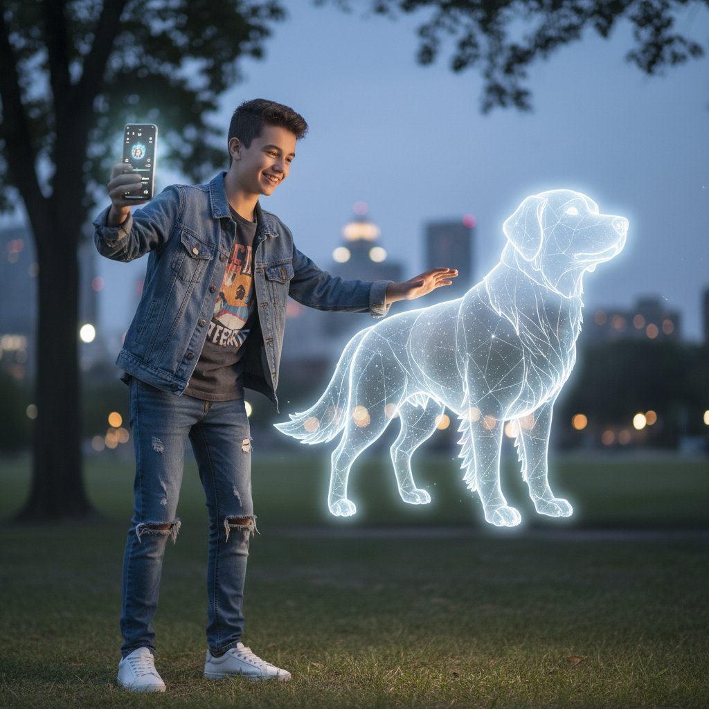 Nastolatek rozmawiający z wirtualnym pieskiem przez aplikację na smartfonie